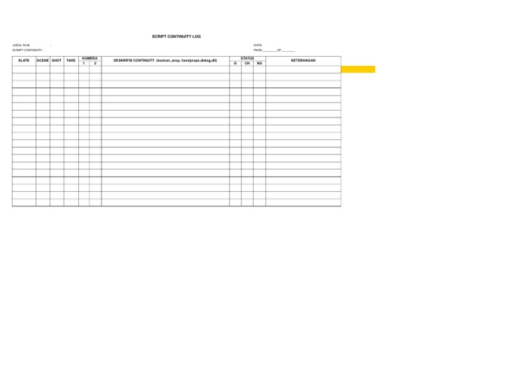 Script continuity log template PDF