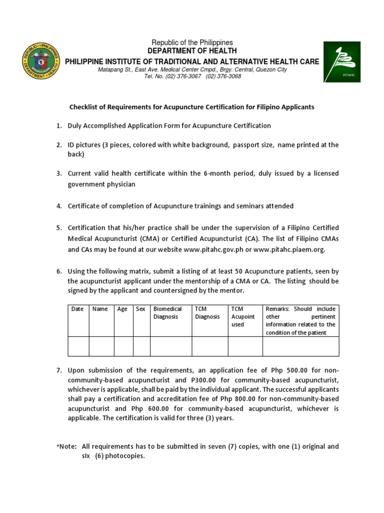 Checklist of Requirements For Acupuncture Certification For Filipino