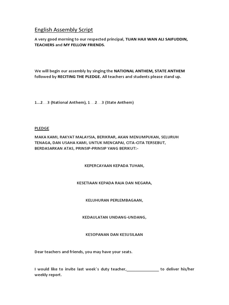 English Assembly Script Teachers and My Fellow Friends PDF