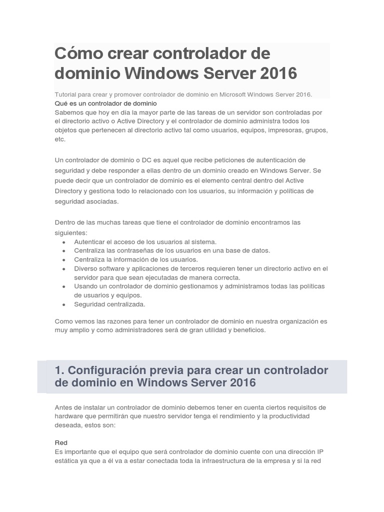 Cómo Crear Controlador de Dominio Windows Server 2016 | PDF ...