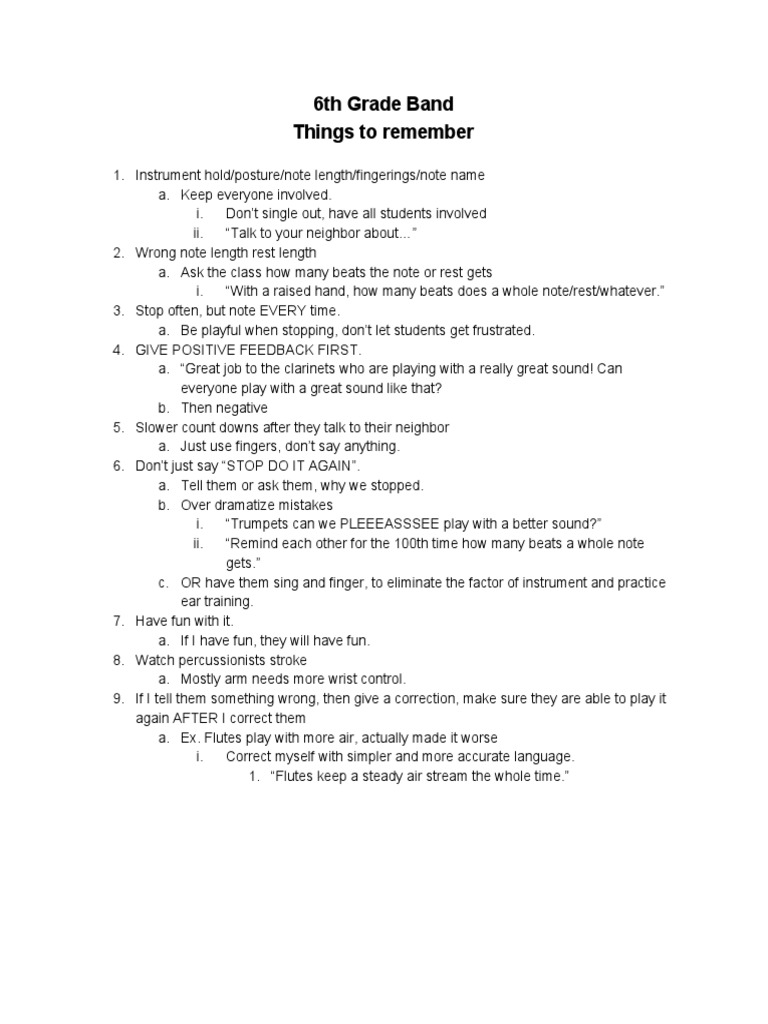 6th Grade Band Teaching Tips | PDF | Language Arts & Discipline