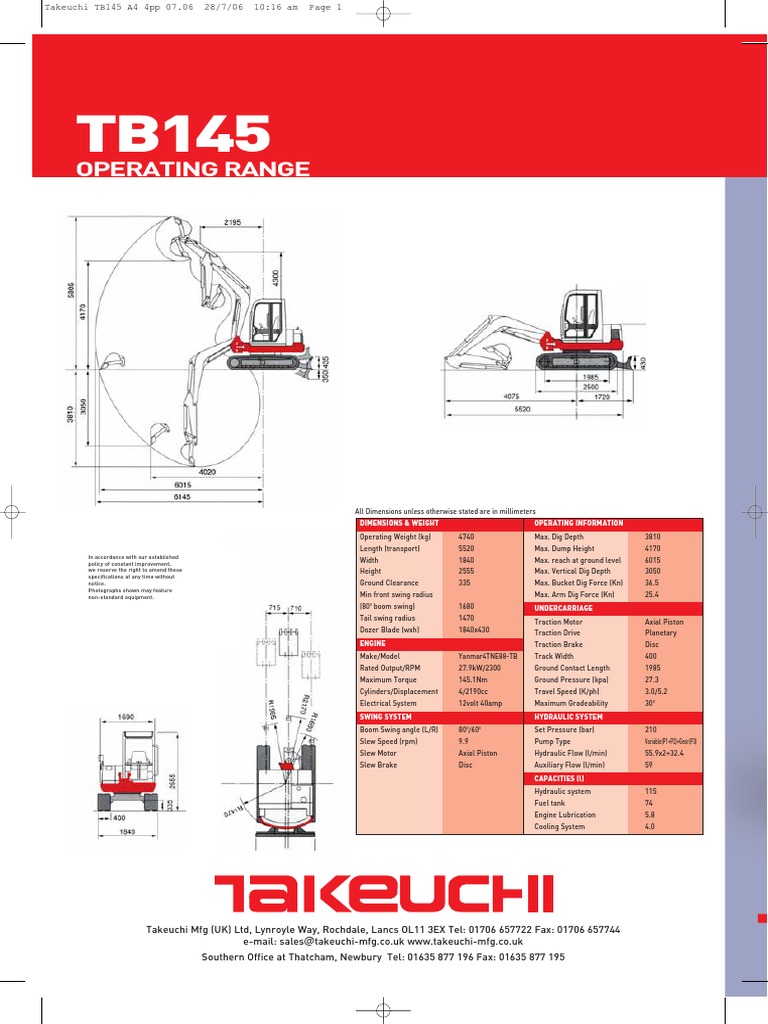 Takeuchi TB145 Excavator Specifications | PDF | Engines | Brake