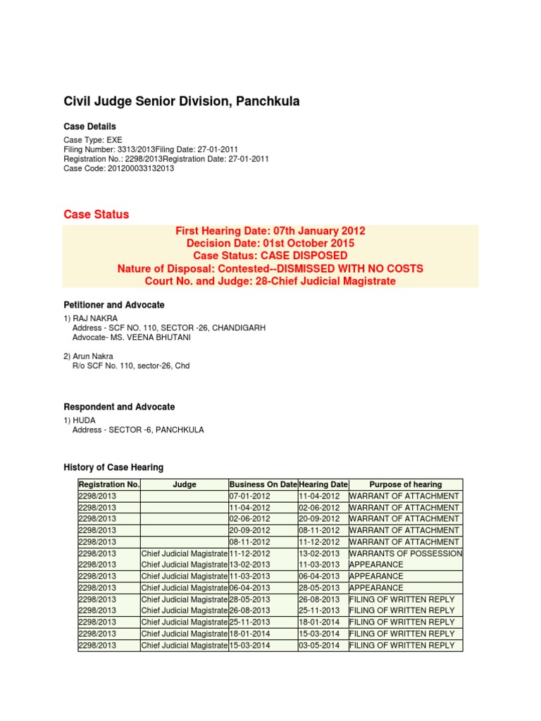 Civil Judge Senior Division, Panchkula Case Status PDF Magistrate