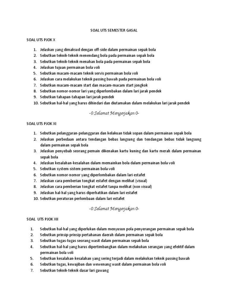 Soal Uts Pjok X Xii