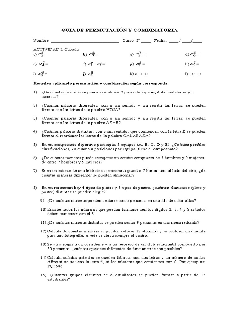 Ejercicios de Permutaciones y Combinaciones | PDF | Ocio | Enseñanza de ...