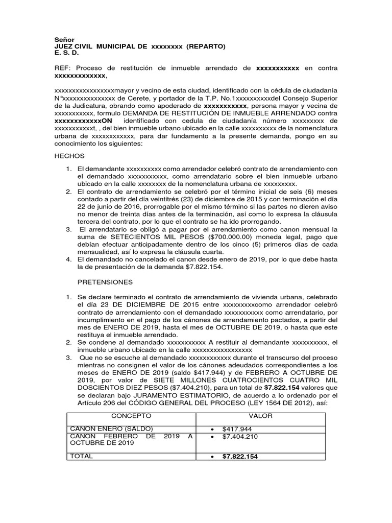 Proceso de Restitución de Inmueble Arrendado | PDF | Alquiler | Demanda ...