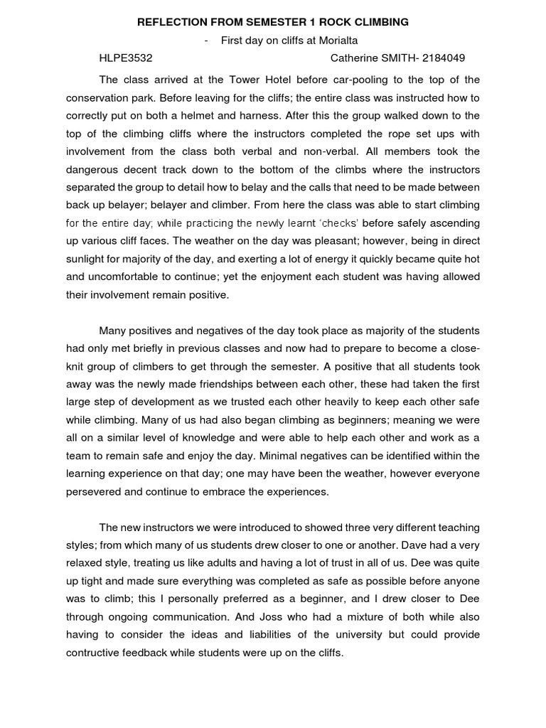 Climbing Reflection PDF Rock Climbing Behavior Modification