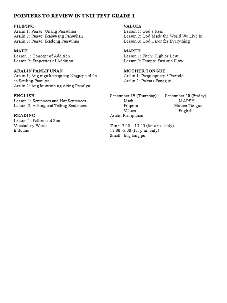 Grade 1 Unit Test Review Guide | PDF | Language Arts & Discipline ...