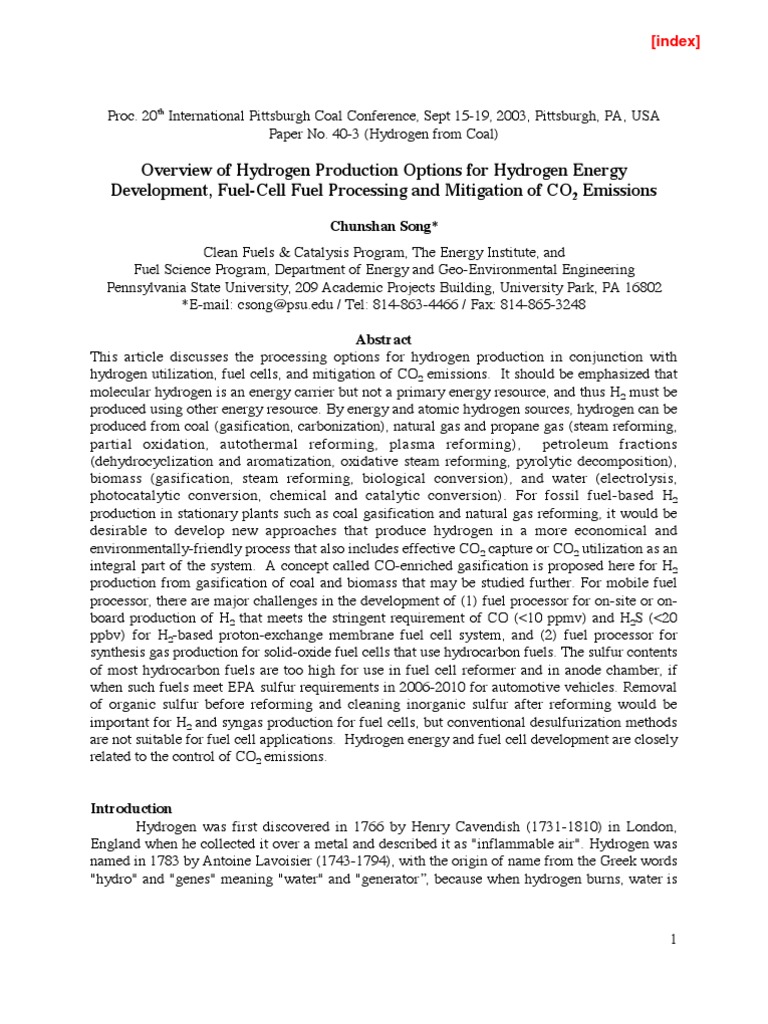 Overview of Hydrogen Production Options For Hydrogen Energy | PDF