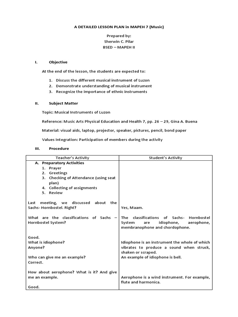 Detailed Lesson Plan In Mapeh 7 Musical Instruments