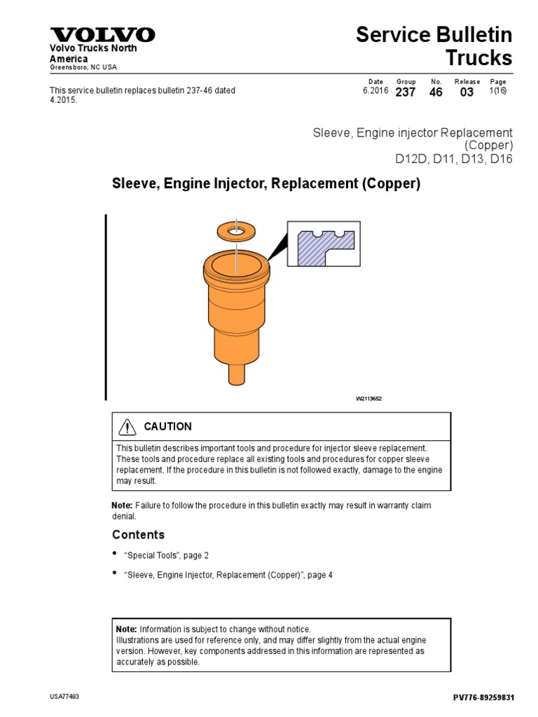 Volvo D13 Injector Sleeve Replacement Guide | PDF | Cylinder (Engine ...
