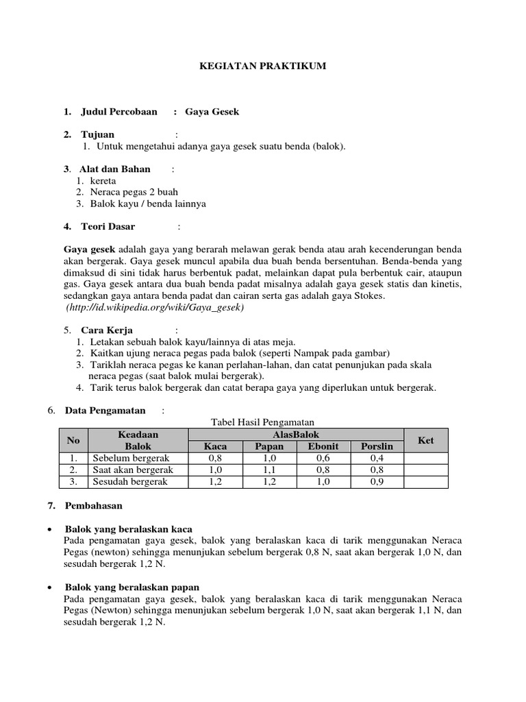 Praktikum Gaya Gesek Kelas 7 | PDF