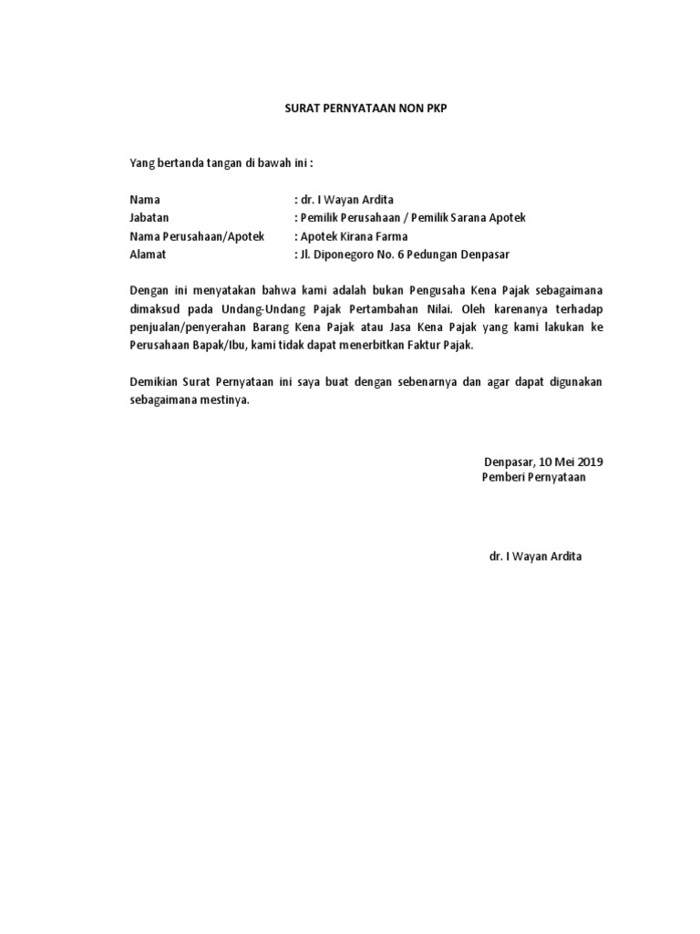 Surat Pernyataan Non Pkp