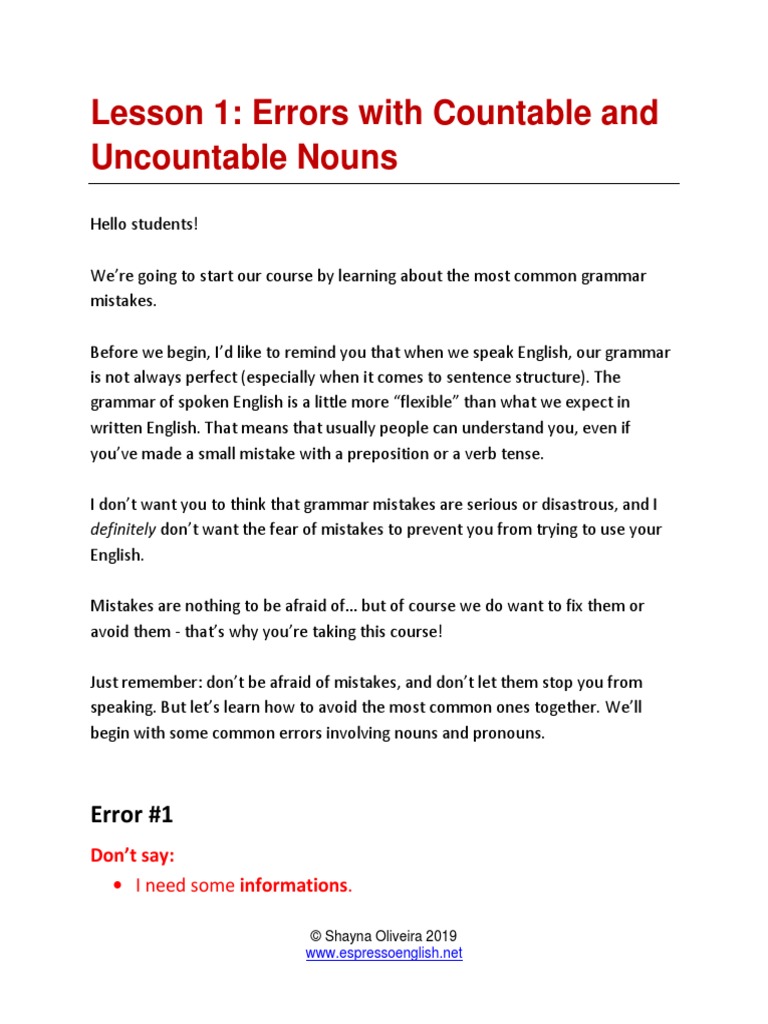 Lesson 01 Errors With Countable and Uncountable Nouns PDF PDF Noun English Language