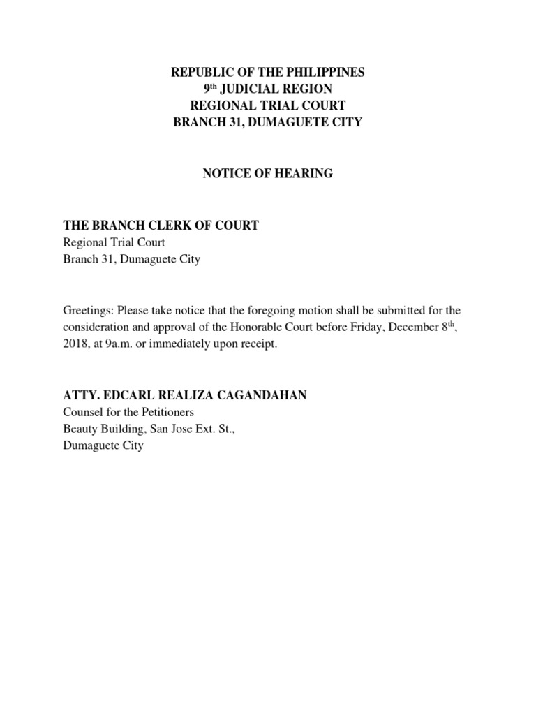 Republic of The Philippines 9 Judicial Region Regional Trial Court ...