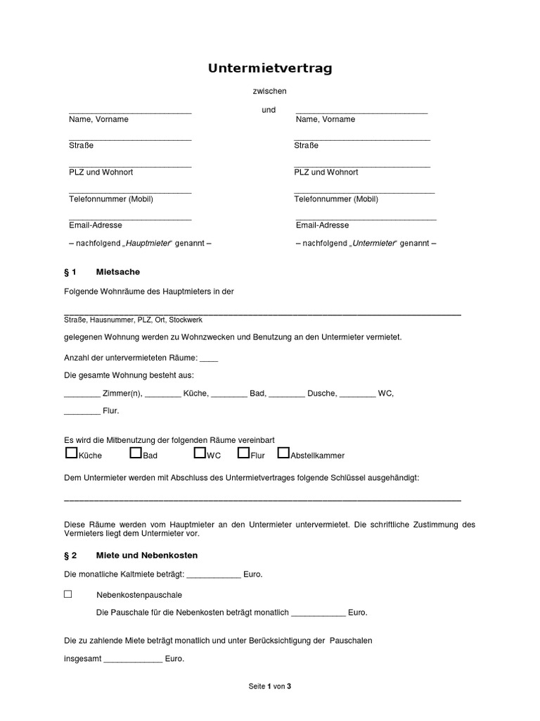 Untermietvertrag Muster 2015 Pdf