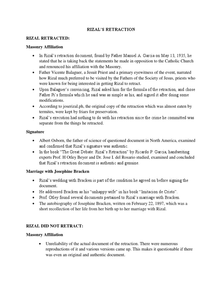 Rizal'S Retraction Rizal Retracted Masonry Affiliation PDF