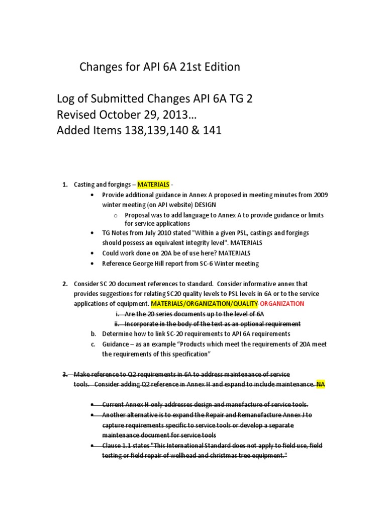 API 6A 21st Edition Change Log | PDF | Valve | Welding
