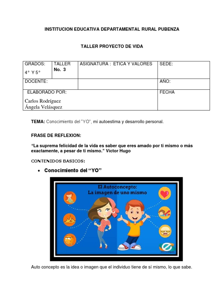 TALLER 3 - PROYECTO DE VIDA Grados 4° y 5° | PDF | Desarrollo personal ...