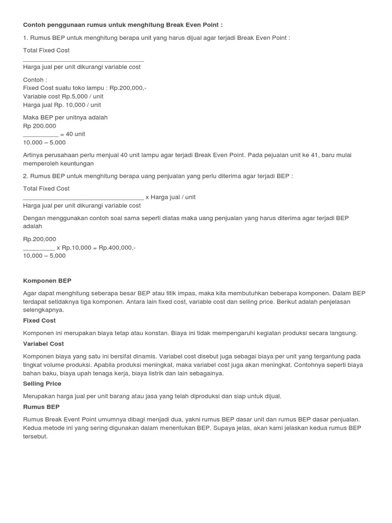 Contoh Penggunaan Rumus Untuk Menghitung Break Even Point