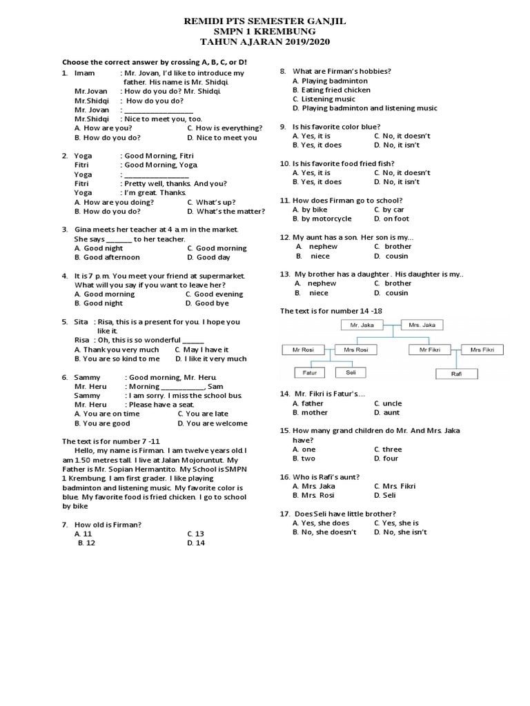 Soal Remidi Kelas Vii Bahasa Inggris