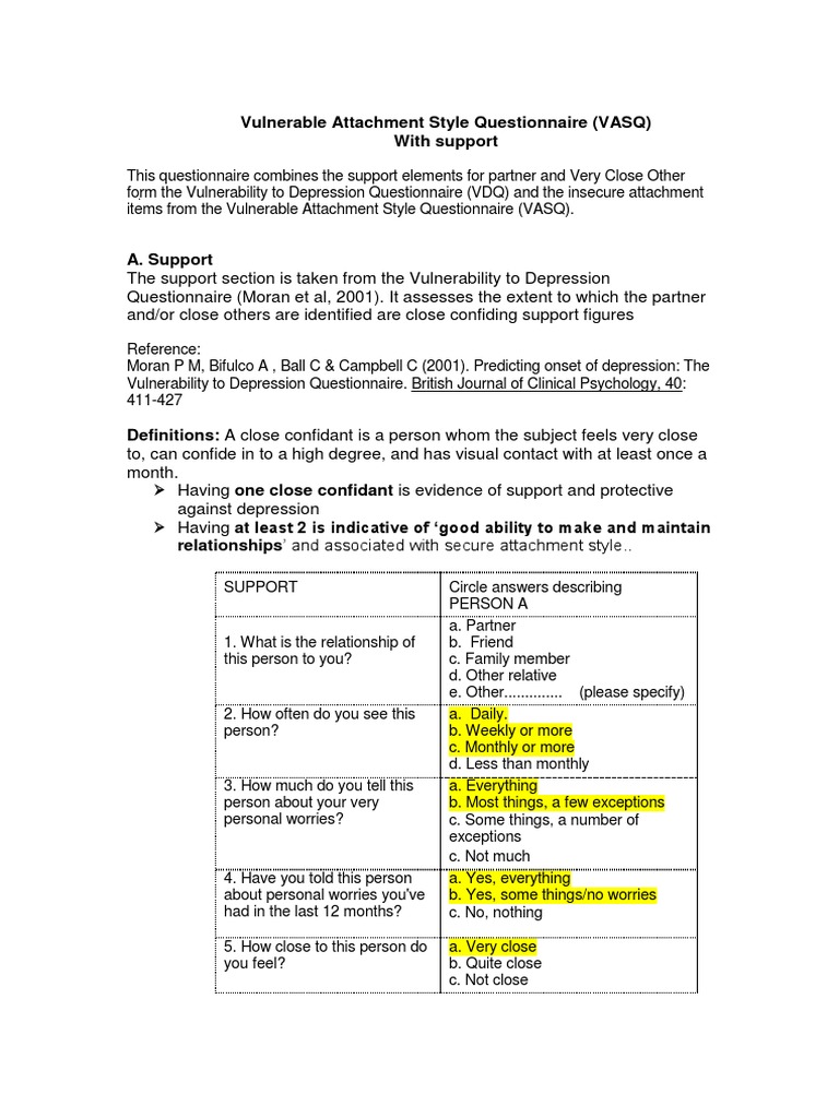 VASQ Scoring2 With Supp June12 PDF | PDF | Attachment Theory | Major ...