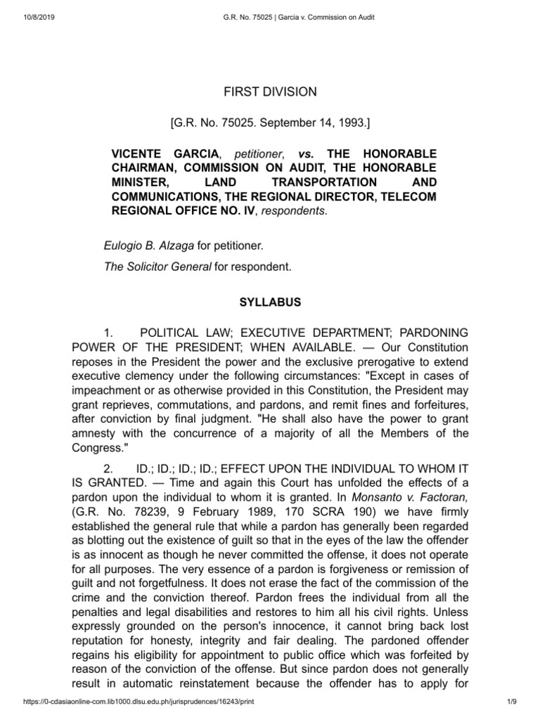 G.R. No. 75025 Garcia v. Commission On Audit PDF Pardon Crime