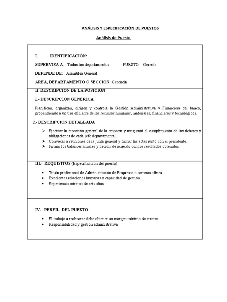 Ejemplos de Analisis Descripcion y Especificacion de Puestos