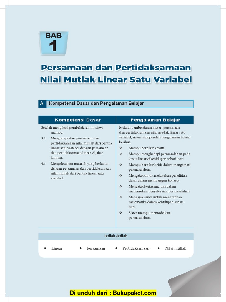 Bab 1 Persamaan Dan Pertidaksamaan Nilai Mutlak Linear Satu Variabel