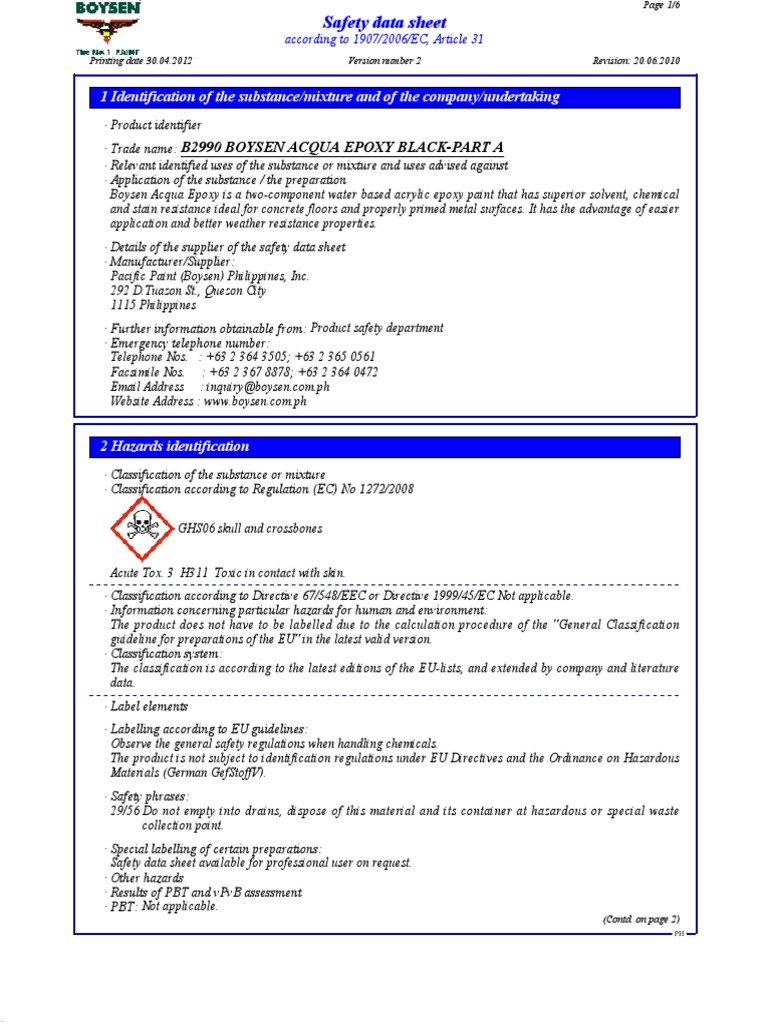 Safety Data Sheet for Boysen Acqua Epoxy Black Paint Part A PDF
