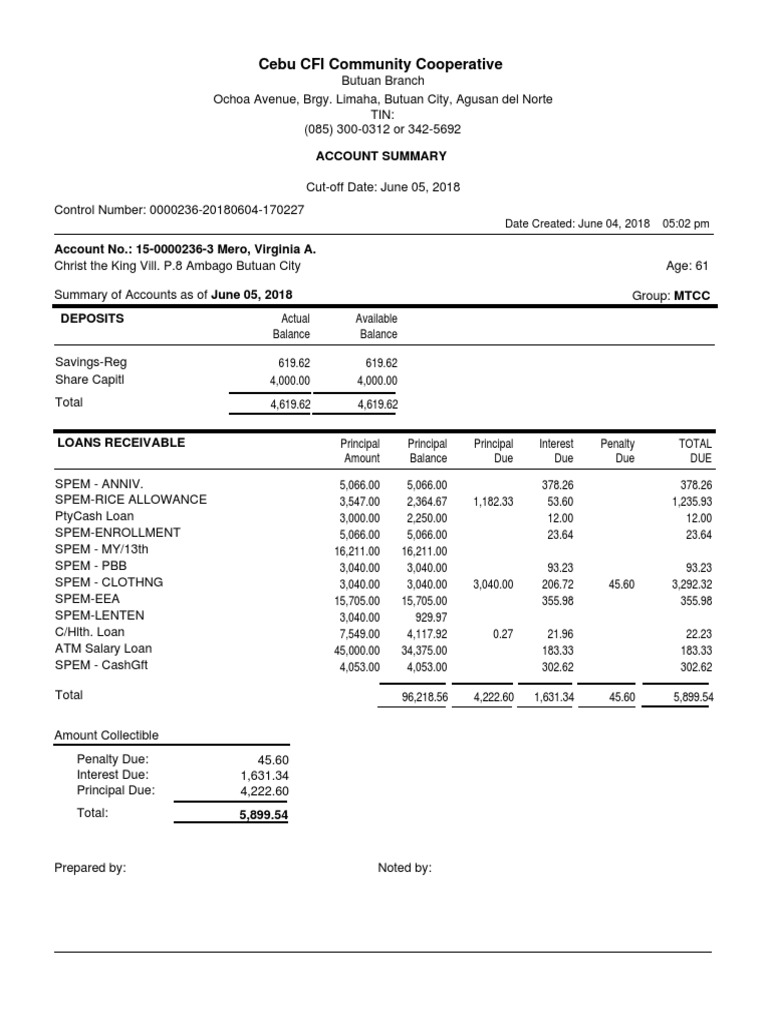 Cebu CFI Community Cooperative Account Summary PDF Banking