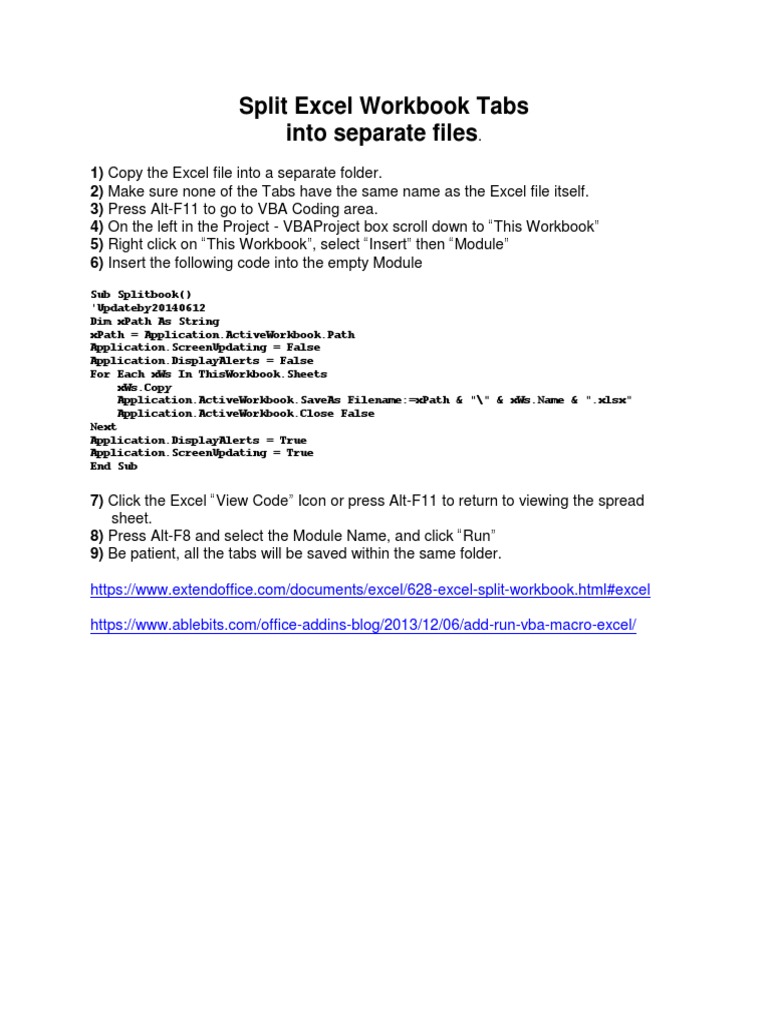Split Excel Workbook Tabs Into Separate Files PDF