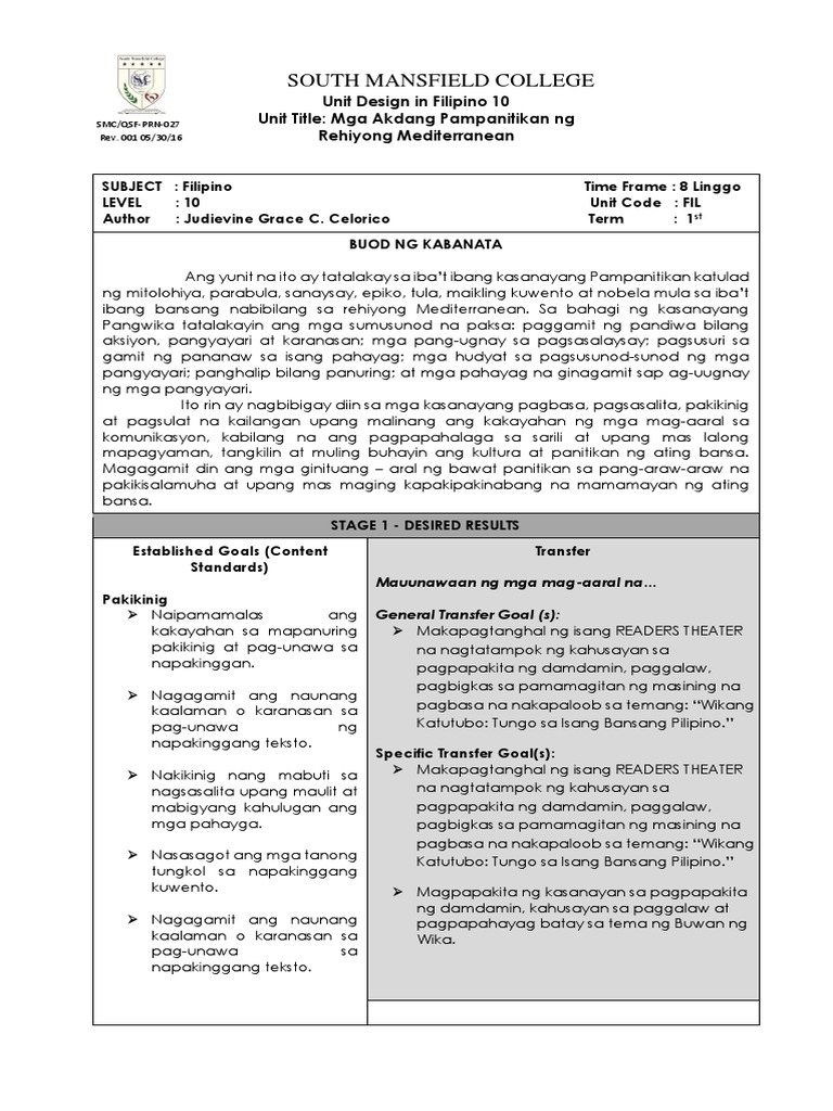 Unit Design Filipino 10 | PDF
