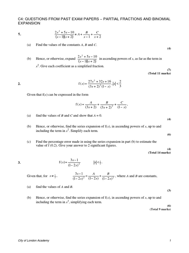 Partial Fractions & Binomial Expansion Exercises | PDF | Fraction ...