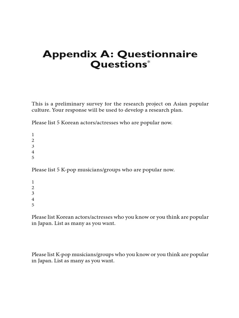 Appendix A: Questionnaire Questions | PDF | South Korea | World Politics