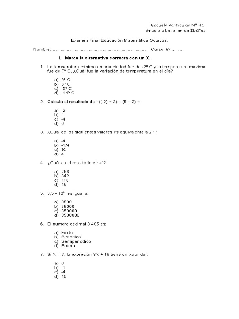 Examen Final Matemáticas 8º Grado | PDF | Enseñanza de matemática