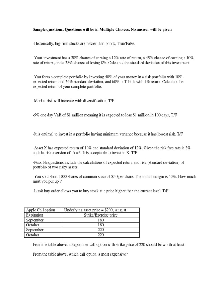 Investment Quiz for Finance Students | PDF | Business