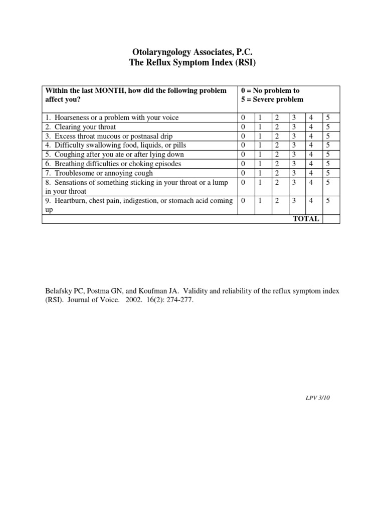 Otolaryngology Associates, P.C. The Reflux Symptom Index (RSI) | PDF