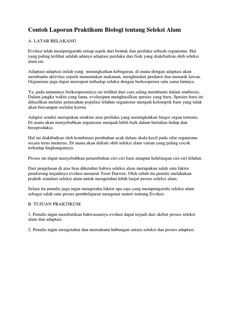 Contoh Laporan Praktikum Biologi Tentang Seleksi Alam Docx