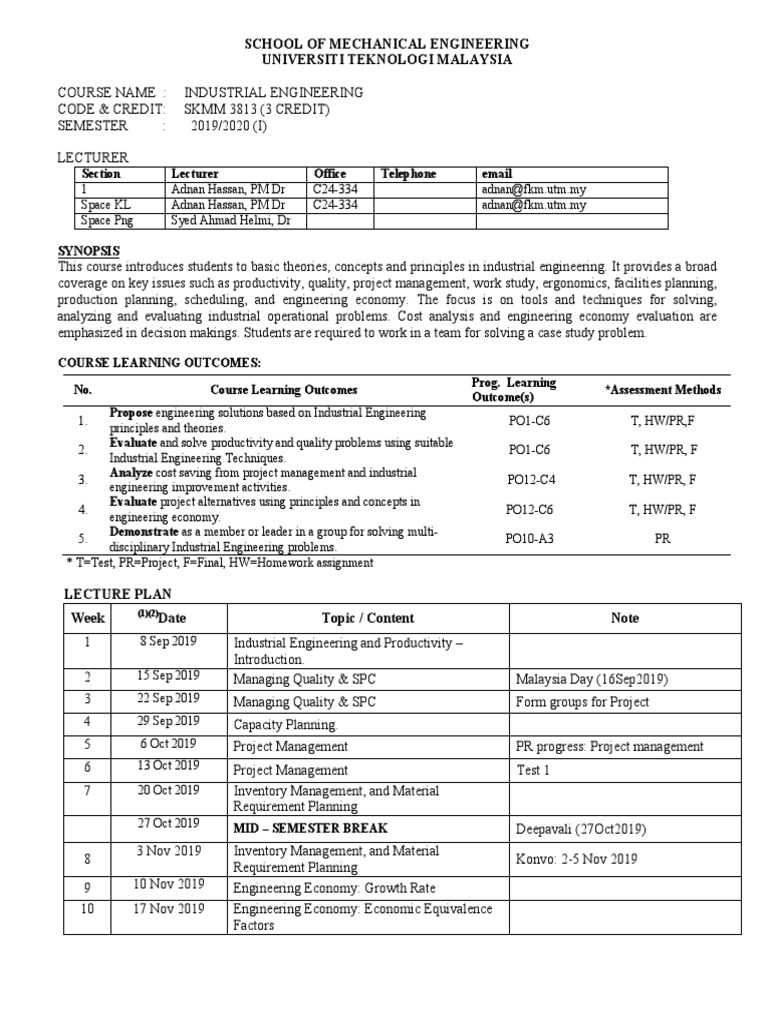 2019.9.10 SKMM3813 Lecture Plan PDF | PDF | Industrial Engineering ...
