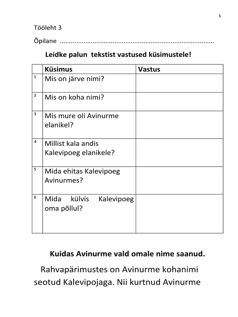 Leidke Palun Tekstist Vastused Küsimustele! Küsimus Vastus | PDF
