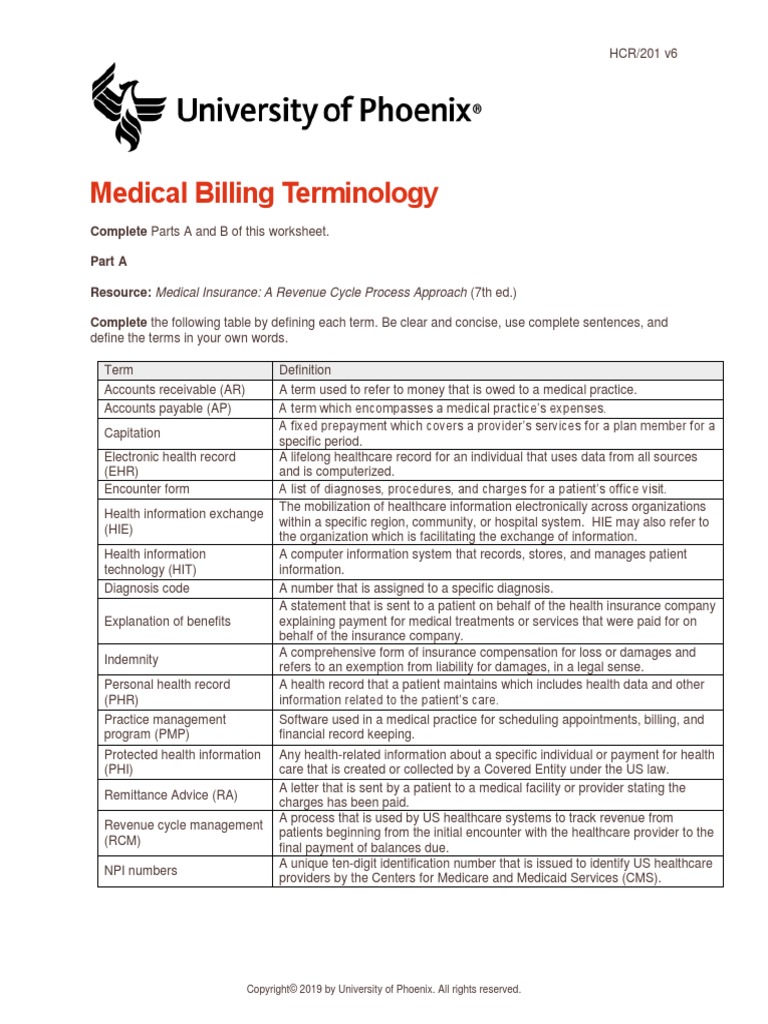 Hcr201 v6 Wk1 Medical Billing Terminology Worksheet | PDF | Medical ...