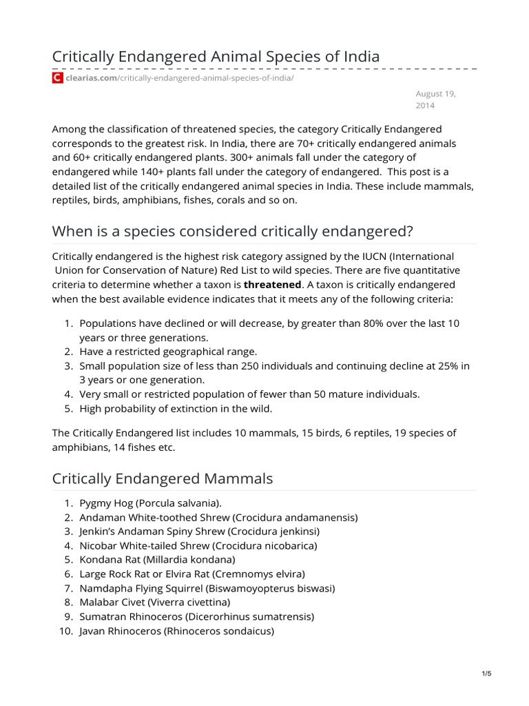 Critically Endangered Animal Species of India | PDF | Endangered ...