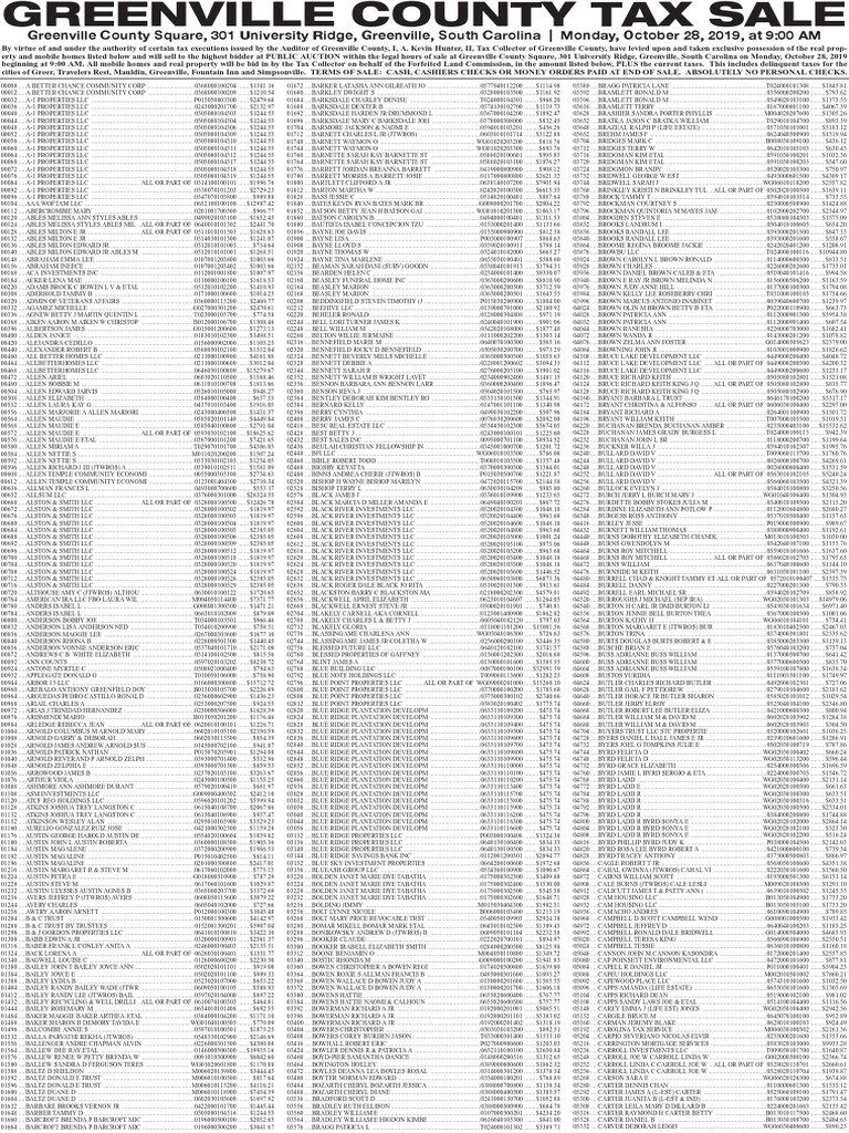 Greenville County Tax Sale PDF Land Law Payments