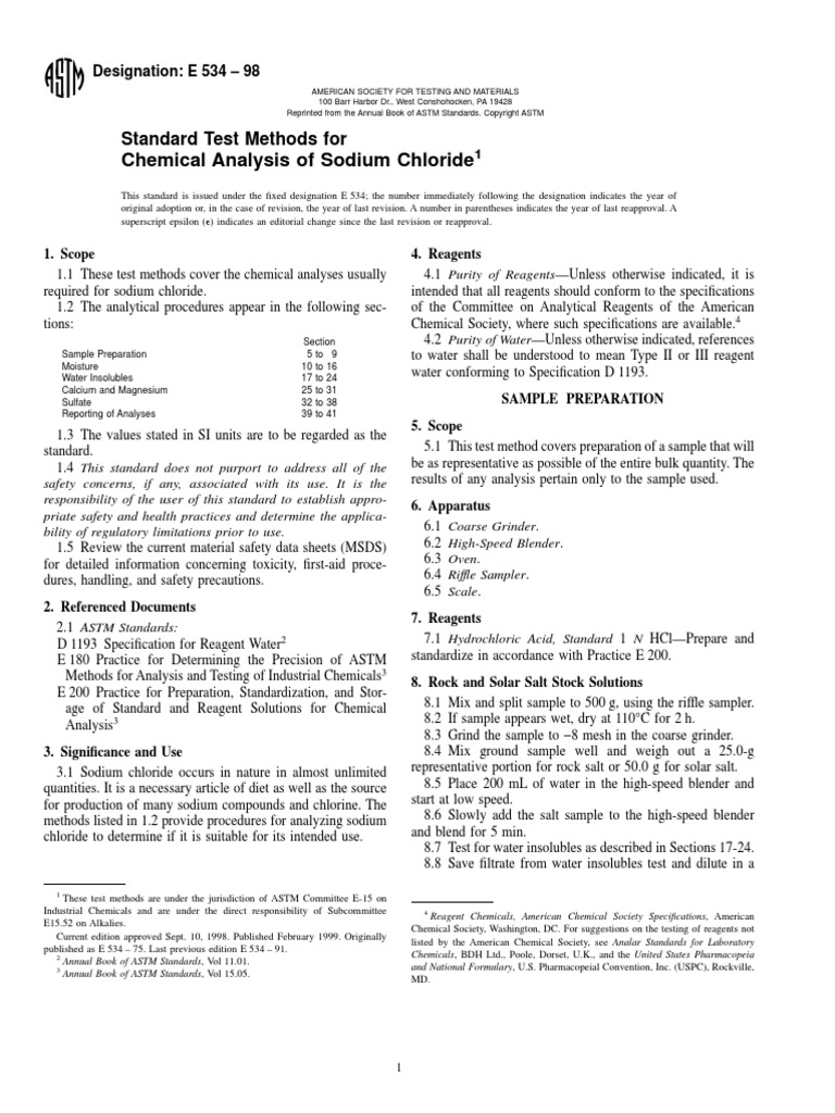 Chemical Analysis of Sodium Chloride Test Methods For E534 PDF | PDF ...