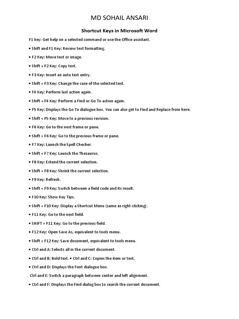 Essential Microsoft Word Shortcut Keys | PDF | Microsoft Word | System ...