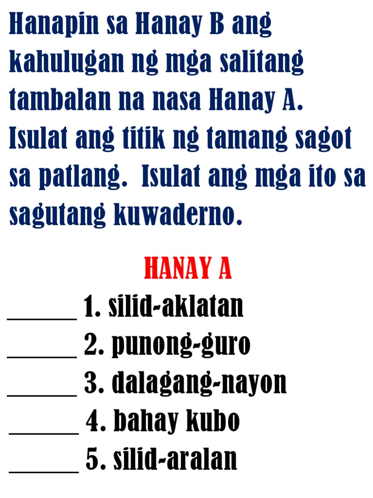 Hanapin Sa Hanay B Ang Kahulugan NG Mga Salitang Tambalan Na Nasa Hanay ...