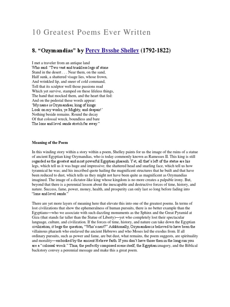 Top 10 Greatest Poems Explored | PDF | Poetry