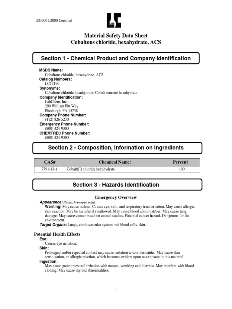 Material Safety Data Sheet Cobaltous Chloride, Hexahydrate, ACS Section