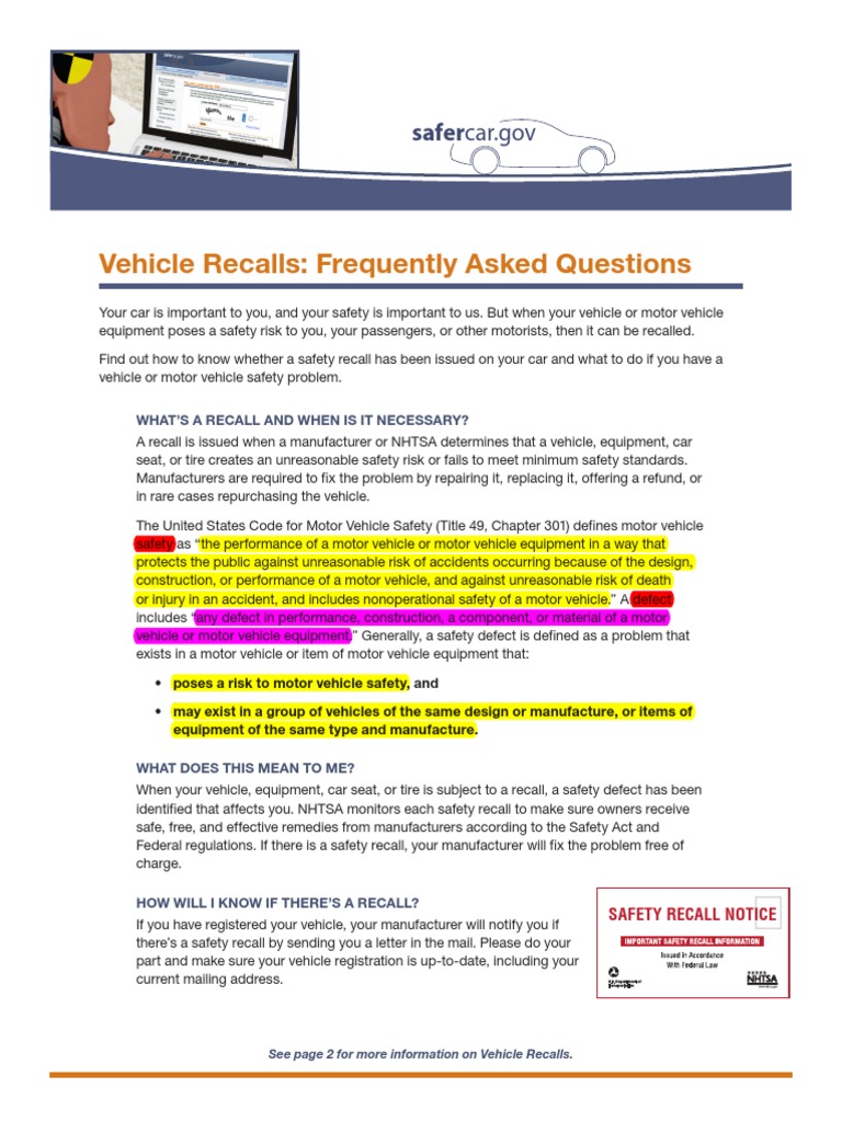Vehicle Recalls Frequently Asked Questions Safercar Gov PDF